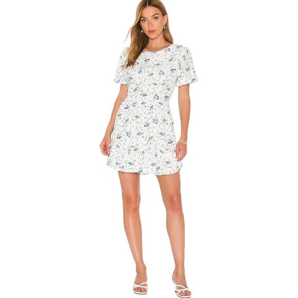 Faithfull the Brand White and Blue Floral Mini Dress - Picture 1 of 13